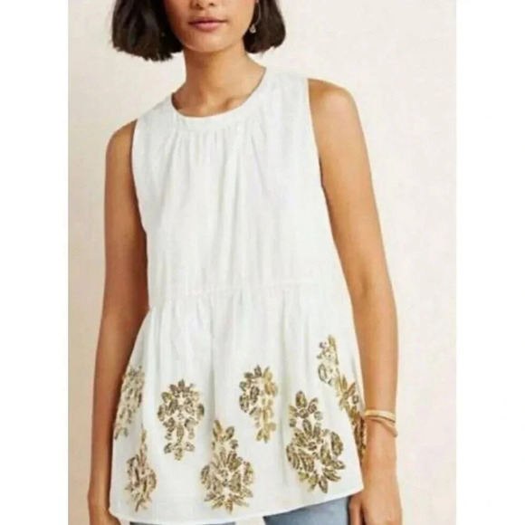 Anthropologie Maeve Simona Sequined White Babydoll Blouse Gold Sequin Sz Small - Picture 1 of 9